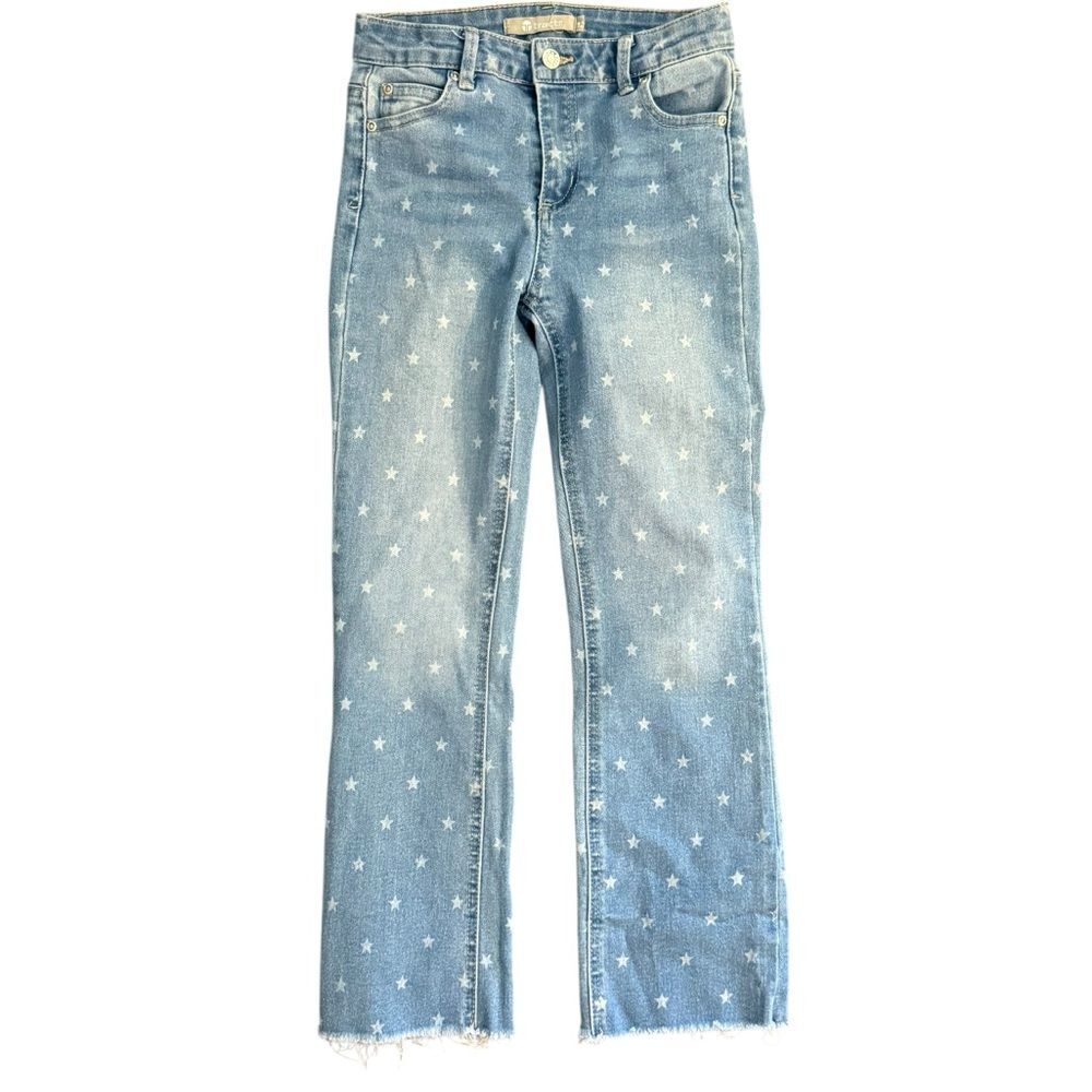 tractr girls sz12 light wash star print straight leg frayed hem fun quirky jeans